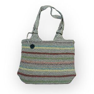 The Sak Belle Voyager Colorful Crochet Knit Tote Bag in Striped Gray - 15x4x12"
